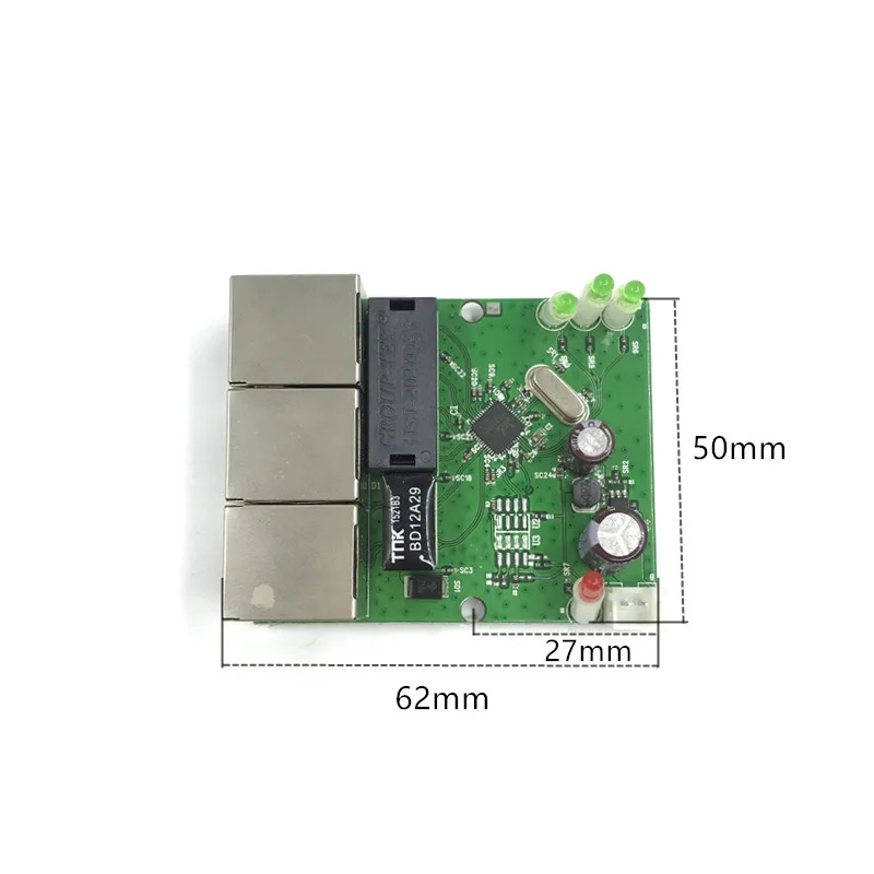Fábrica de OEM directo mini de alta velocidad de 1 /100mbps 3-puerto de red Ethernet lan hub de la placa del interruptor de dos capas del pwb 2 rj45, 1 * 8 pines cabeza de puerto 12V 4