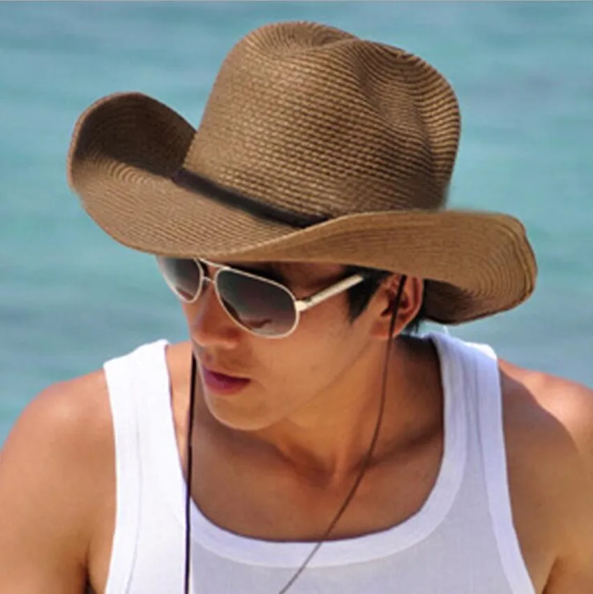 Paja Sombrero de Vaquero para Hombres de Verano Occidental Sombreros Adultos Fresco Panamá Sombrero de Sol de las Mujeres con la Correa de la Playa de Cap con cadena Sombrero de Vaquera 4