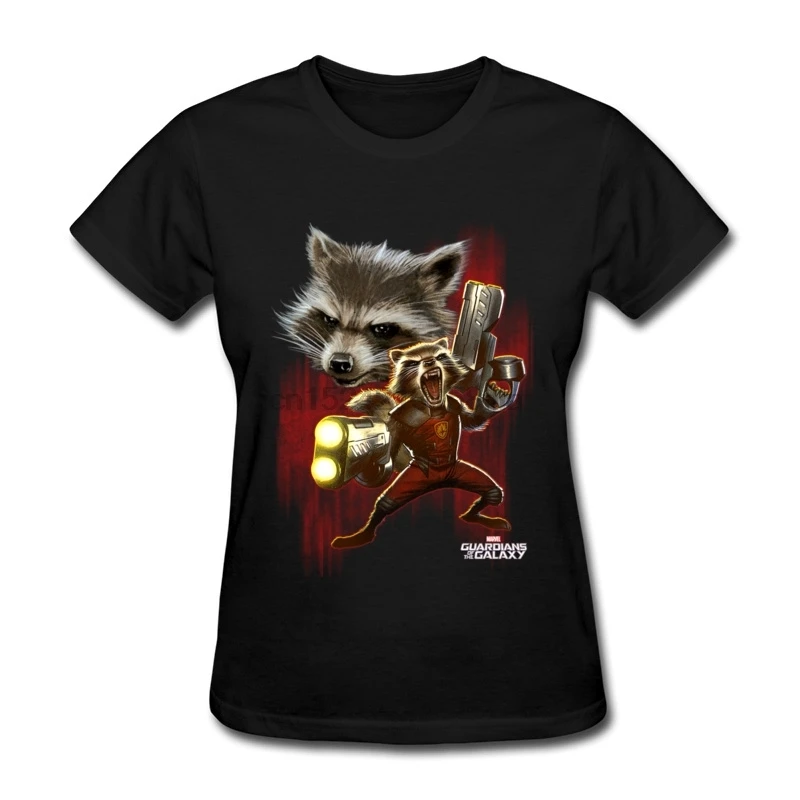 Trenzado de Rocket Raccoon Tela de Algodón de las Tendencias Básicas de la Camiseta Impresa de la Mujer camisetas Casual SummerAutumn Tops Camisetas O-Cuello 4