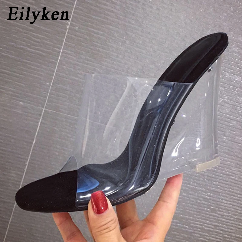 Eilyken de PVC Transparente de la Moda de la Jalea de las Mujeres Zapatillas 2021 Nuevo Verano Sexy Claro Peep Toe de Metacrilato de Cristal de Cuña zapatos de Tacón Alto Zapatos 4