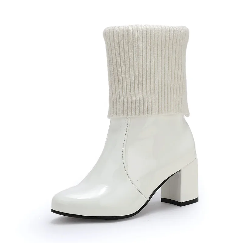 YMECHIC de Cuero de Patente de Tejer Bloque de Tacón de Zapatos de Mujer de Invierno de Tobillo Botas Mujer Blanco Negro zapatos de Tacón Alto de la Moda de Arranque Foorwear 4