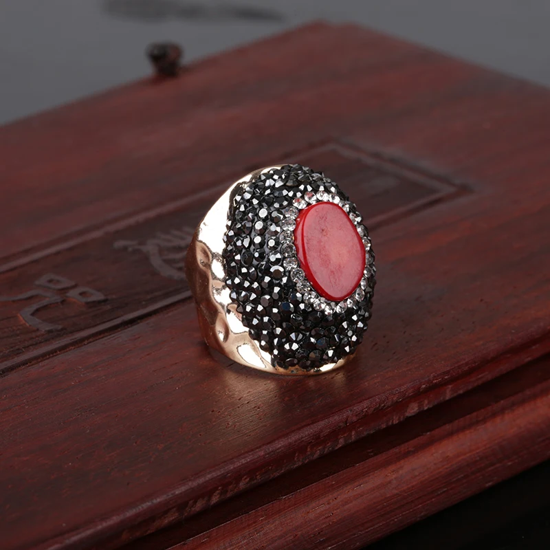 Rojo natural de coral fósiles de piedra de bolas encanto envoltura ajustable ancho oro abierto clavado anillo brazalete para mujer hombre 4