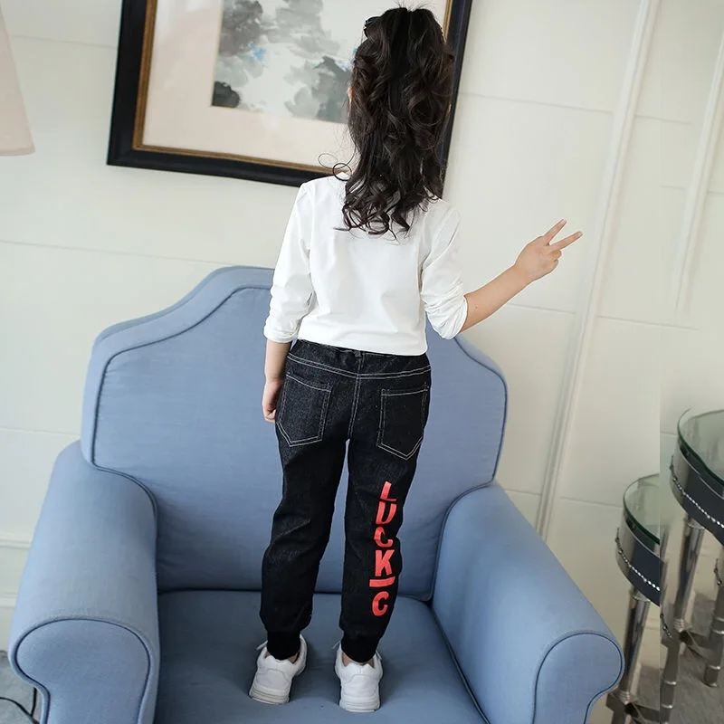 Jeans Para Niñas Primavera Otoño coreano Impresión Casual Jeans Cálida Carta de Jeans Para Niños Slim-fit pantalones abrigados de 4 a 14 Años 4