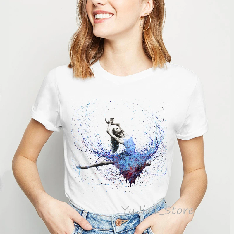 Vogue camiseta de ropa de mujer 2019 Acuarela Bailarina de Impresión mujer t-camisa de Kingfisher lindo de la camiseta de la femme harajuku ulzzang camisa tops 4
