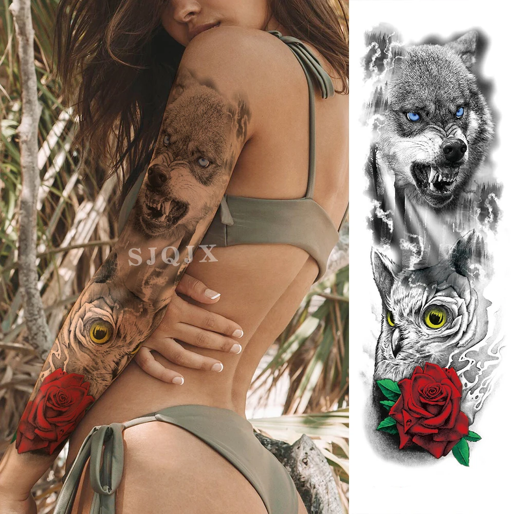 Tatuaje del arte de cuerpo pegatinas Lobo color de la Tinta de la etiqueta engomada del tatuaje para las Manos llenas de armas lleno de tatuajes Grandes animal de Lobo impermeable tatuaje 4
