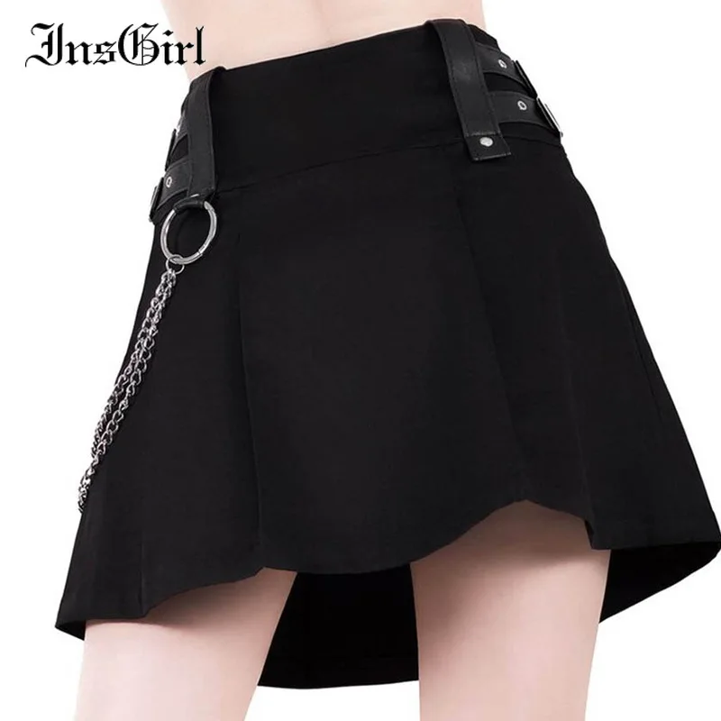 InsGirl Goth Punk Oscuro Negro de la Falda de Mujeres Sexy Cintura Alta cierre de Cremallera con la Cadena de Una línea de Mini Falda Ropa Casual Y2k E-chica Faldas 4