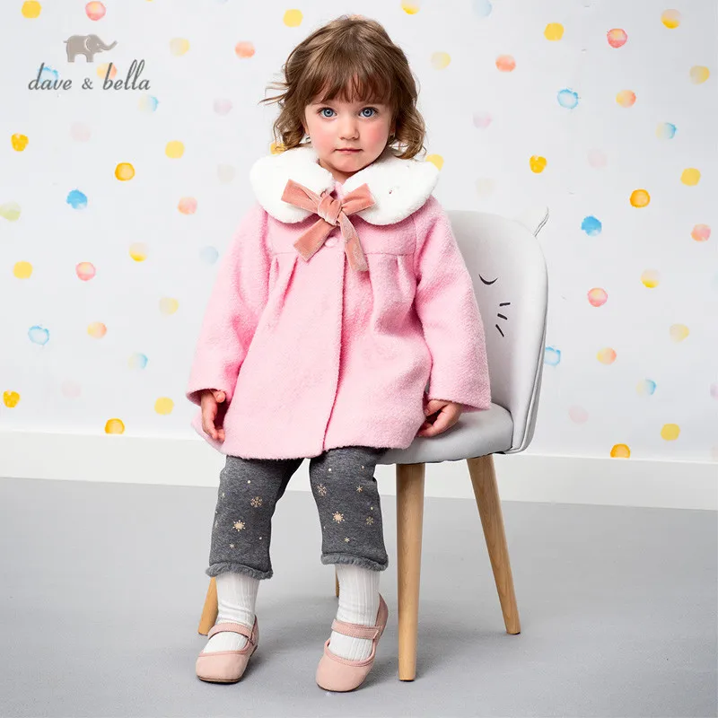 DB15672 dave bella de invierno las niñas de bebé de moda botón de arco de piel floral abrigo de los niños tops bebé niño ropa de abrigo 4