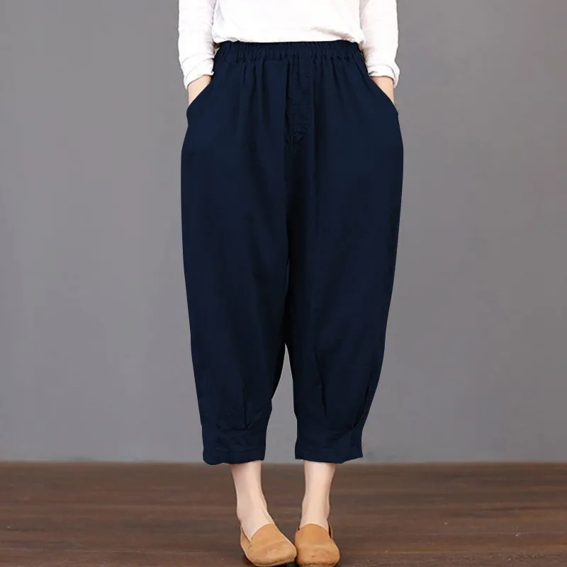 La moda de Ajuste Flojo de Algodón de Lino, Pantalones Harem de Mujeres 2020 Nuevas Casual color Sólido Negro Blanco Azul Cintura Elástica Más el Tamaño 4XL 5XL Pantalones 4