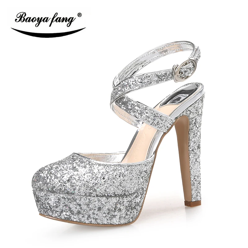 BaoYaFang Marca Blingbacks Bling Womens 12cm de tacón alto de la plataforma de los zapatos de mujer de moda de tacón grueso de la Bomba de oro/plata/rojo damas de zapatos 4