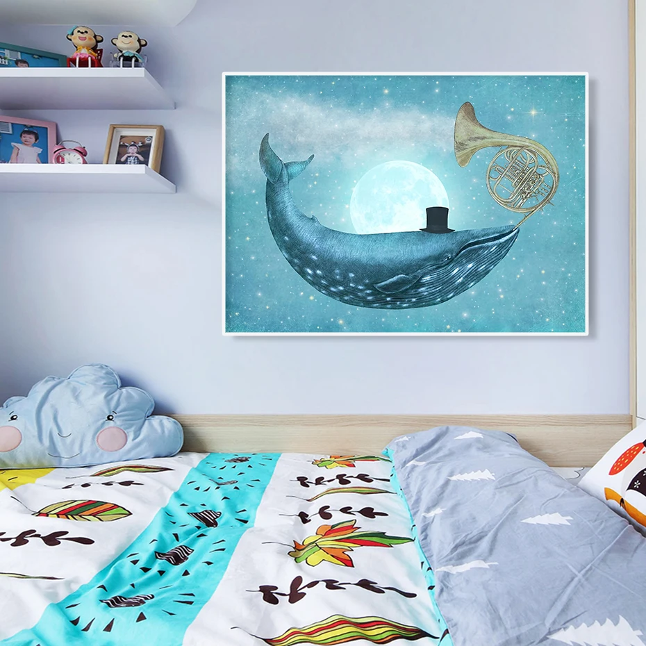Azul de Cielo Estrellado, la Luna Delfín Cuerno de Ensueño, Pintura en tela, Vivero de Arte de la Pared Imprime el Cartel de la Foto de los Niños del dormitorio de la Decoración casera 5