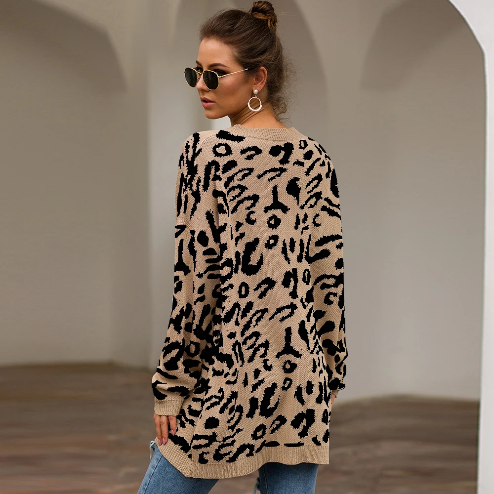 Adogirl patrón de leopardo o de cuello suelto mujeres suéteres de punto otoño grueso suéter largo mujer invierno 2019 80-100 cm suéter de lana 5
