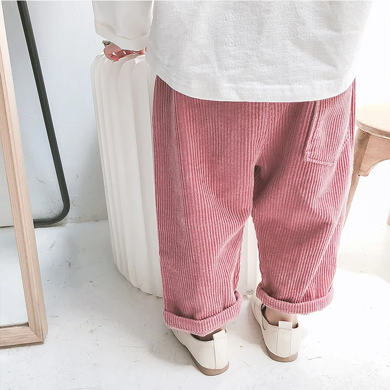 Estilo coreano de las niñas de bebé de algodón pana sueltos pantalones infantil de los niños de color sólido de moda casual pantalones niños ropa de Otoño 5