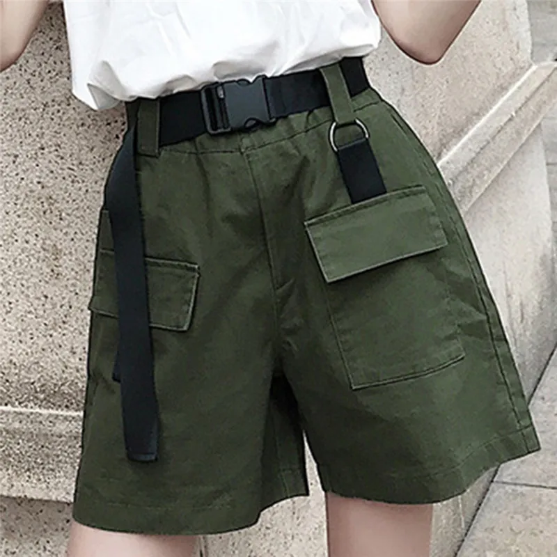Altura de la Cintura Ancho de Pierna de Carga de las Mujeres Shorts Vintage Fajas Sólida de color Caqui Bolsillo de la Mujer pantalones Cortos de 2020 Moda de Verano NUEVA Ropa Casual 5