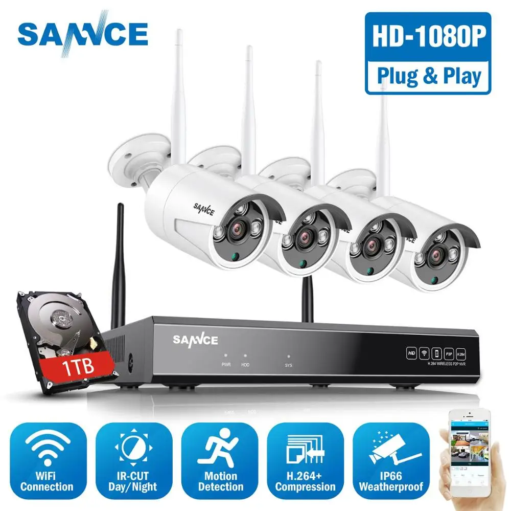SANNCE 8CH 1080P WiFi NVR 4PCS 2.0 MP IR al aire libre Impermeable del CCTV Cámara IP Inalámbrica de la Seguridad del Sistema de Video Vigilancia Kit de 5