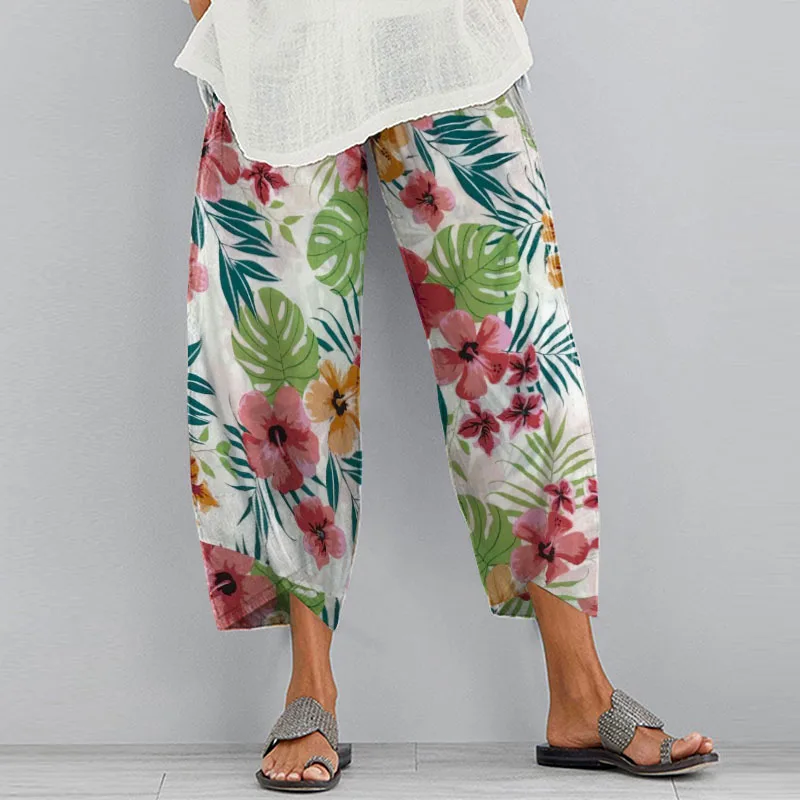 De verano, Pantalones Harem, ZANZEA Mujeres Vintage Floral Impreso Pantalones Casual Elástico de la Cintura de los Pantalones Largos Asimétricos Pantalon Talla Plus 5