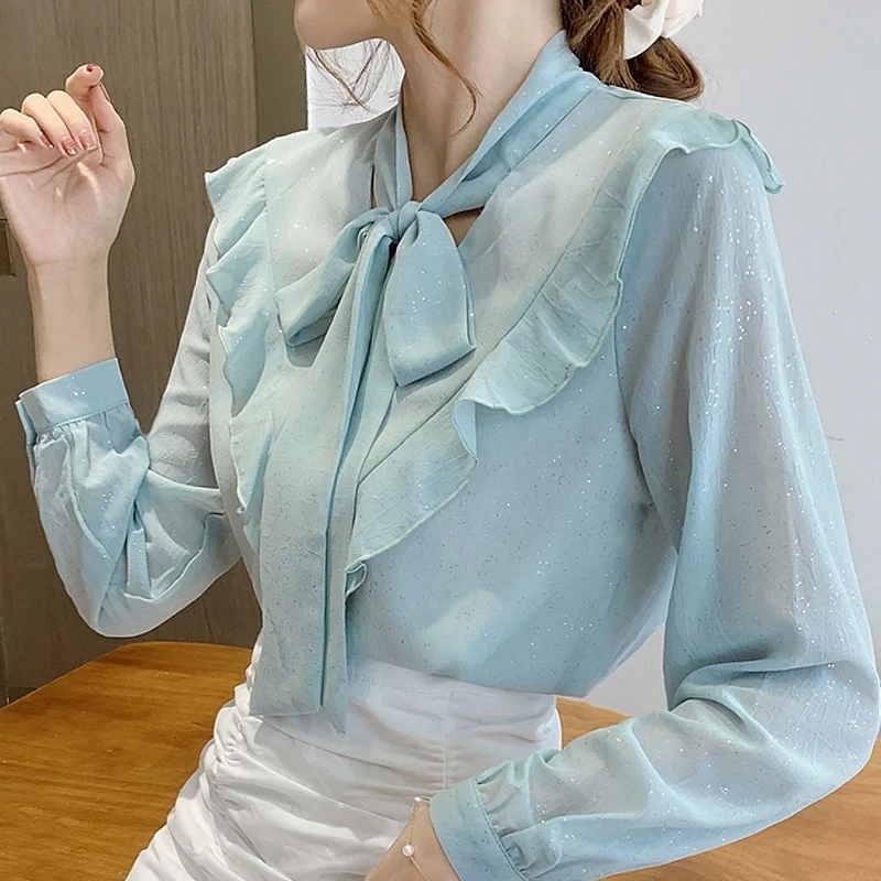 Blusa de Mujer Blusas Mujer De Moda 2021 Volantes V-cuello de la Rosa de Gasa de la Blusa de Manga Larga de las Mujeres Blusas Camisas Tops Blusa D494 5