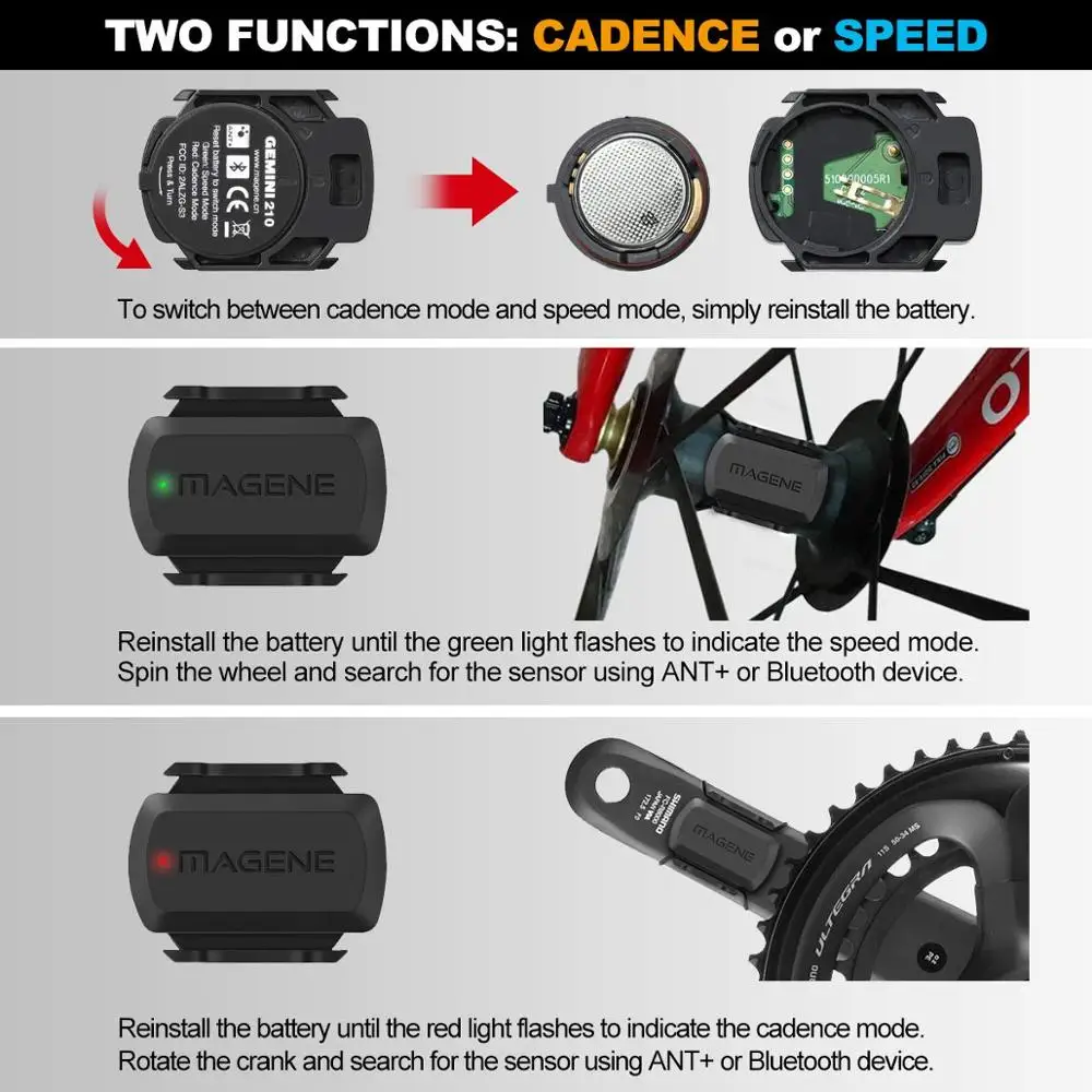 Ordenador de bicicleta de Ciclismo Sensor de Cadencia ANT+ Sensor de Bicicleta velocímetro Velocidad, Sensor de Cadencia Bluetooth compatible con garmin bryton 5