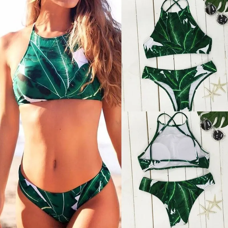 2018 Caliente Floral Sexy de las Mujeres de color Verde de la Hoja de Impresión de trajes de baño Bikini Conjunto Push-up Sujetador Acolchado Vendaje Traje de Baño ropa de playa de brasil 5