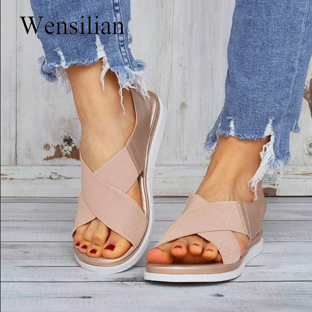 Verano Sandalias Para Mujer Elástica Textil Empalme Sandalias Planas De Playa Casual Zapatos Clásicos Antideslizante Sandalia Feminina 2020 5