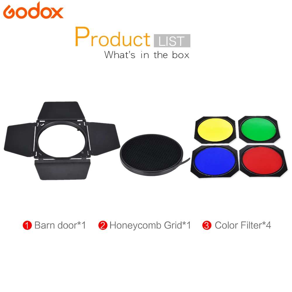 Godox BD-04 Puerta del Granero+Rejilla de nido de abeja + 4 Filtros de Color Para Bowen Monte Reflector Estándar Estudio de Fotografía Accesorios para Flash 5