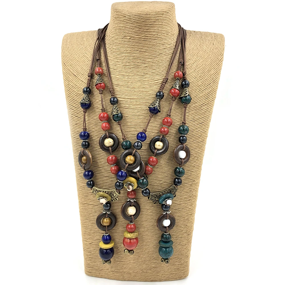 Vintage Étnico Coloridas bolas de Cerámica colgante, Collar Ajustable con Nudos Largo collar colgante para las Mujeres de regalo 5