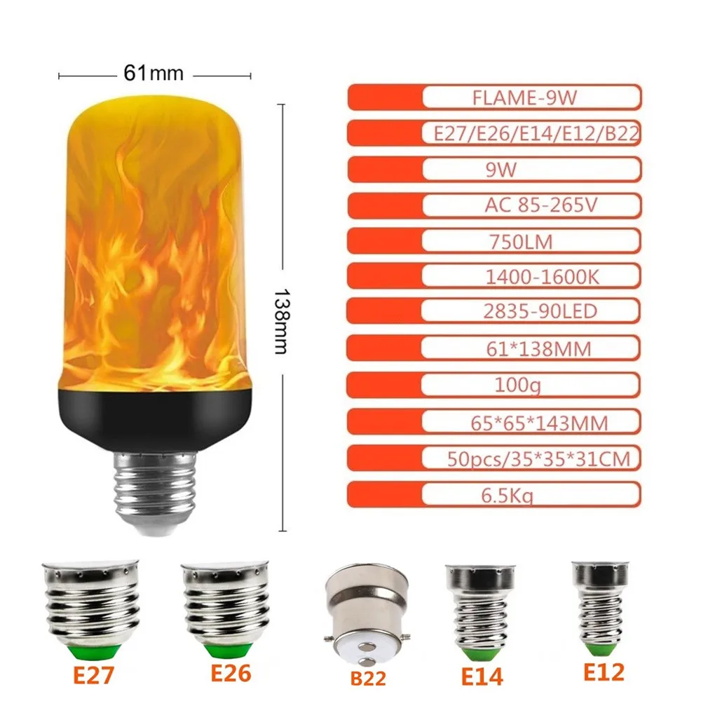 4 Modos de E27/E26/E14/E12 Llama Bombilla LED de Fuego Efecto de Parpadeo de la Emulación de la Llama de Luz con Sensor de Gravedad de la Decoración 2/4 piezas Por paquete 5