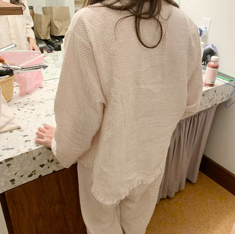 Suave y cómodo algodón casa de traje floral de impresión de volantes mujeres conjunto de pijama de manga larga pantalones de ropa de dormir de crepé dormir Y028 5