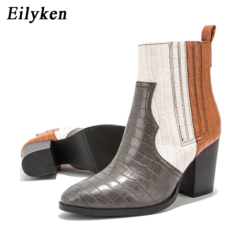 EilyKen Nuevos Colores Mezclados de Serpiente de grano de Tobillo Botas Mujer Plaza de los Tacones de los Zapatos de cordones de Cuero de la Pu Tacones Gruesos Chelsea Botas de las Mujeres 5