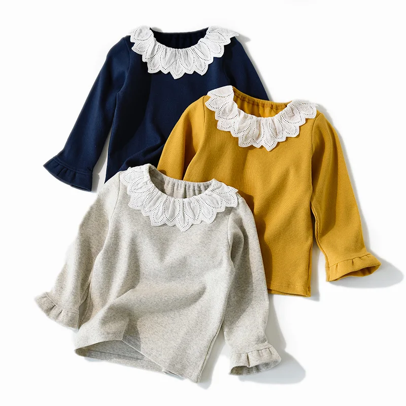 Niña de Encaje de Cuello T Camisa de los Niños Blusa para Niñas Tops 2019 Otoño de la Moda de la Princesa de la Costilla de Manga Larga a Rayas de los Niños 