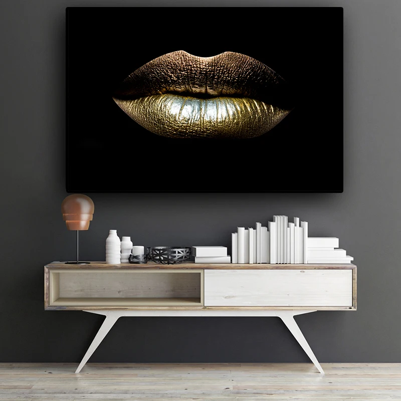 Arte de la pared de Lona Negro y dorado, los Labios sensuales de Lona de Maquillaje de Belleza Salón de Arte de la Lona de Imagen de Decoración del Hogar Cartel de ARTE de Una sola Pieza 5
