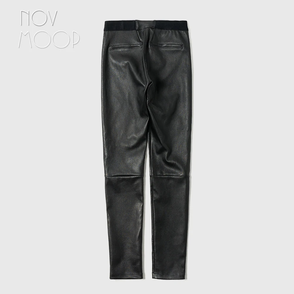 Novmoop de alta calidad importados de estirado de cuero genuino de las mujeres pensil pantalones Pantalon en cuir tramo femme LT3250 5