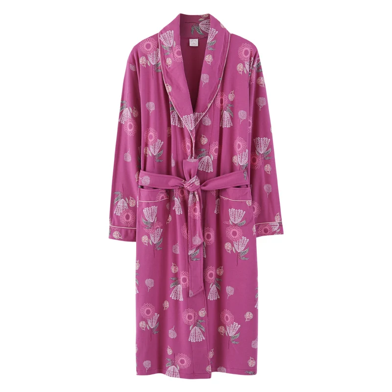 Las mujeres del otoño batas de algodón más el tamaño de la M-4XL floral print, batas de baño de la mañana de la casa de la capa media larga primavera camisón spa kimono 5