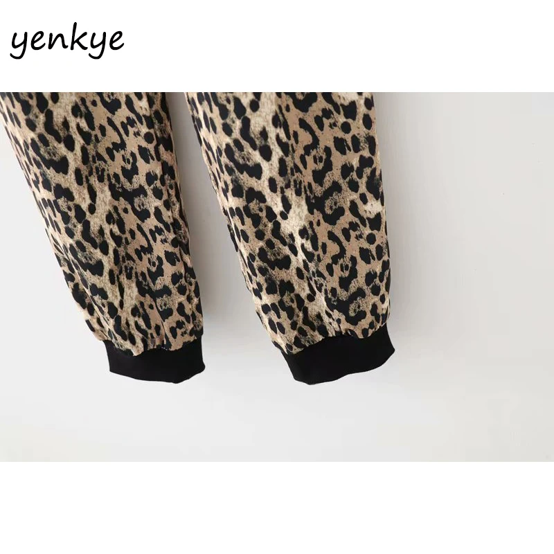 Vintage Leopard Pantalones de las Mujeres de Cordón de Cintura Alta del Deporte Casual Pantalones de Señora, Ropa de Raso Largo de los Pantalones de Verano pantalon femme 5