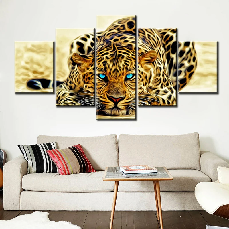 5 Paneles HD Digital de Impresión de Leopardo Viendo a su Presa Animal Abstracto Pintura al Óleo sobre Lienzo Arte de la Pared de la Imagen para el Sofá de la Sala 5