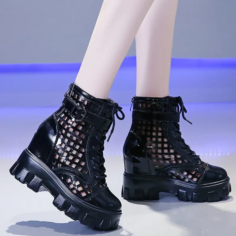 Otoño Punk de Cuero Hebilla de Huecos de Tobillo Botas para Mujer de Moda de Aumento de Altura de Verano Zapatos de Mujer con Plataforma con tacón Grueso Botas 5