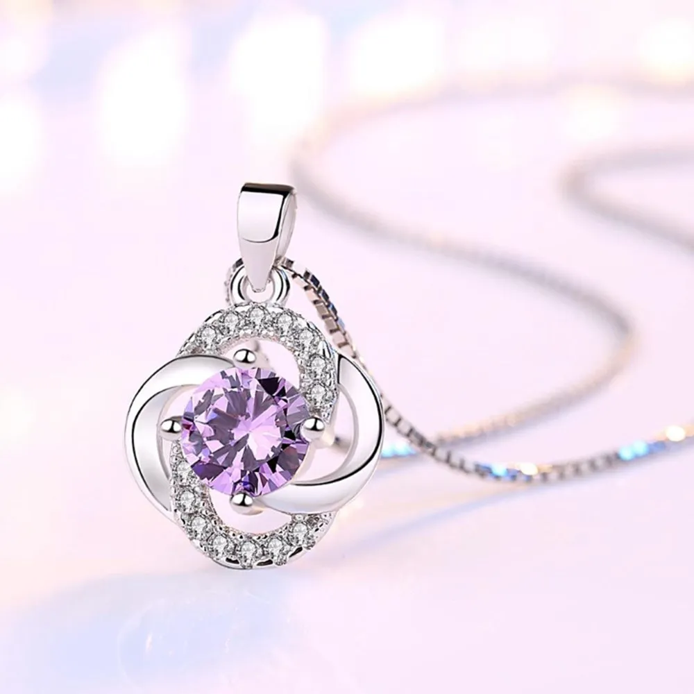 NEHZY 925 de la plata esterlina de las nuevas mujeres de la moda de joyería púrpura de cristal de circón de trébol de cuatro hojas de la flor colgante, collar de longitud 45CM 5