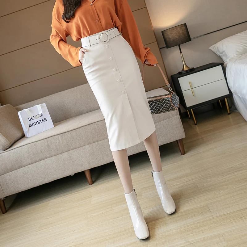 Nueva Ropa de Bodycon Lápiz Faldas de las Mujeres de la Moda de 2020 Estilo coreano de Alta Cintura de Cuero de la PU de la Falda Con Cinturón de Hendidura Falda Falda Midi 5