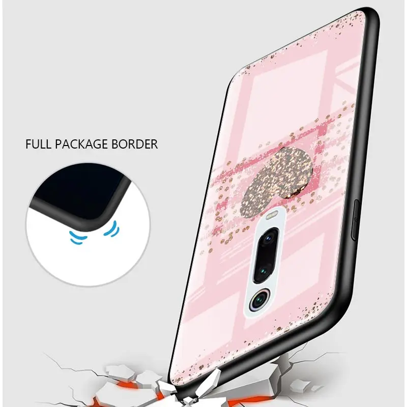 Vidrio templado de la caja del Teléfono Para el Xiaomi Redmi Nota 9 9 Pro 8 Pro 8C 8A 7 9A 9C 9i K20 Oro Rosa Corazón de Amor de la Espalda Cubierta de Coque 5