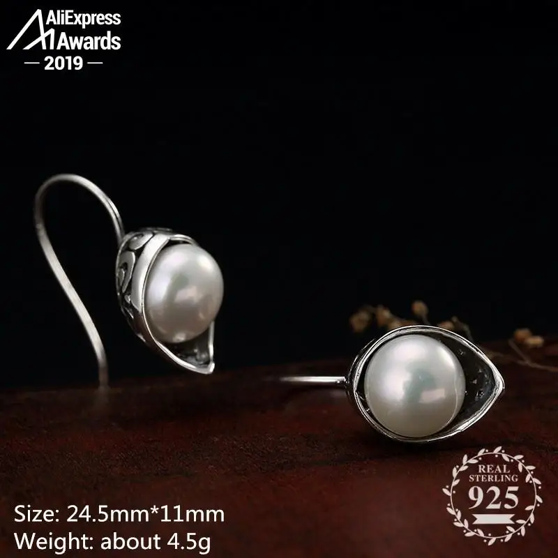 S925 Antigüedades Pendientes de la Plata Esterlina 925 de las Mujeres hechas a Mano de la Vendimia de la Naturaleza el día de las Madres de agua dulce de la perla única 5