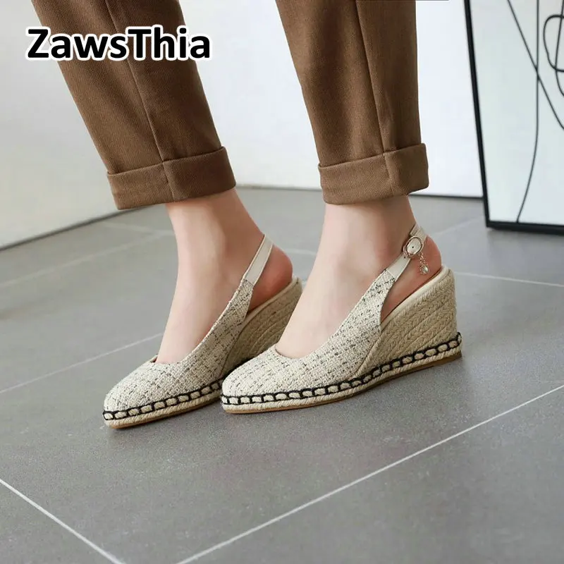 ZawsThia 2020 verano de tweed a cuadros comprobado mujer zapatos de plataforma cuñas zapatos de tacón alto sandalias del slingback mujeres cuñas de alpargatas femme 5