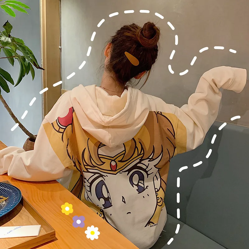 Harajuku Sailor Moon De Impresión De Dibujos Animados Con Capucha De Las Mujeres Suelto Casual Lindo Bolsillo Del Jersey De Manga Larga Tops Ropa Streetwear Sudadera 5