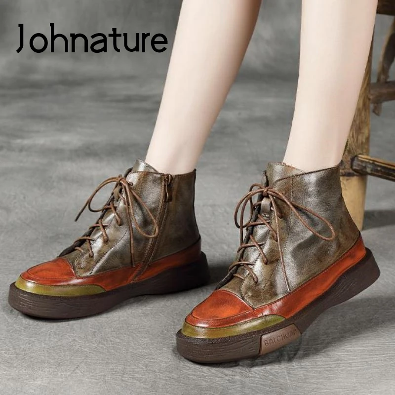 Johnature 2020 Nuevo Invierno de las Mujeres Botas de Cuero Genuino de los Colores Mezclados de las Mujeres Zapatos de Cremallera Puntera Redonda cordones Retro Plataforma de Botas de Tobillo 5