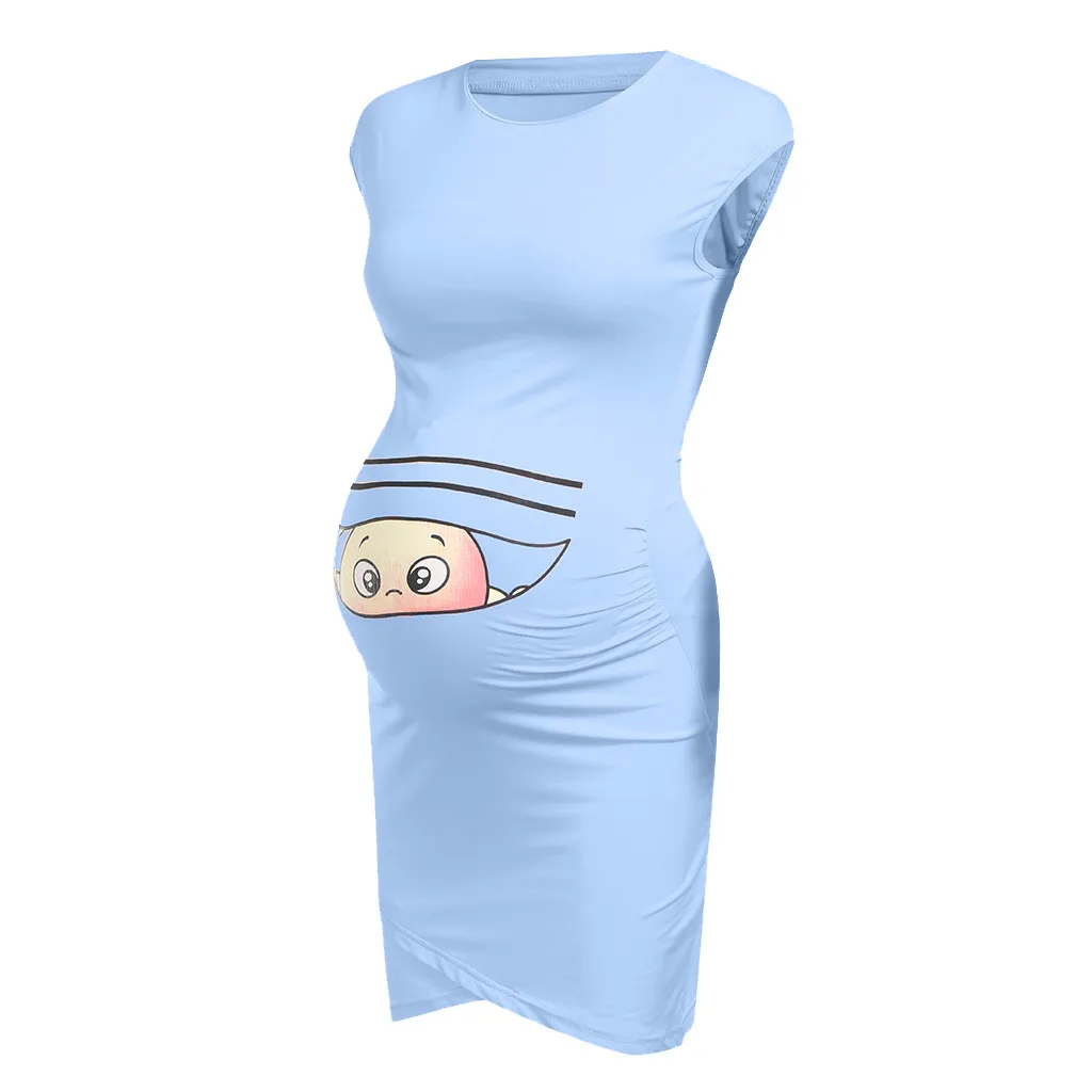 TELOTUNY las Mujeres Embarazadas Vestido de Impresión Embarazadas de la Maternidad de Props, Casual, Bodycon sin Mangas de Verano Suave Mama Vestidos 5