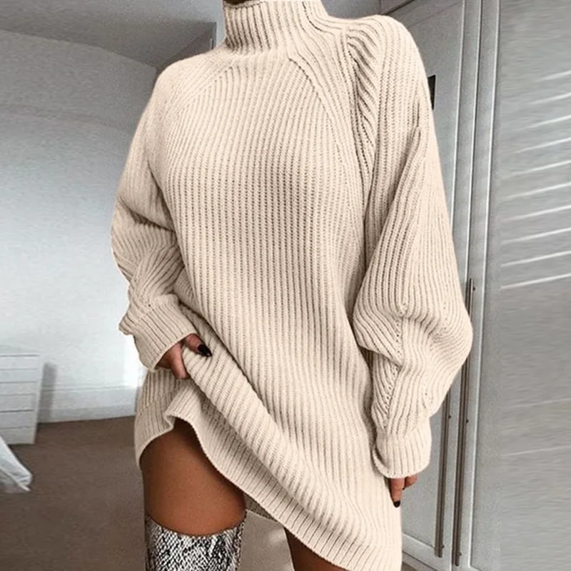Las mujeres jersey de Cuello alto suéter vestido lleno de manga más el tamaño de la suelta de invierno 2019 nuevo sexy Sólido de Navidad vestidos de suéter 5