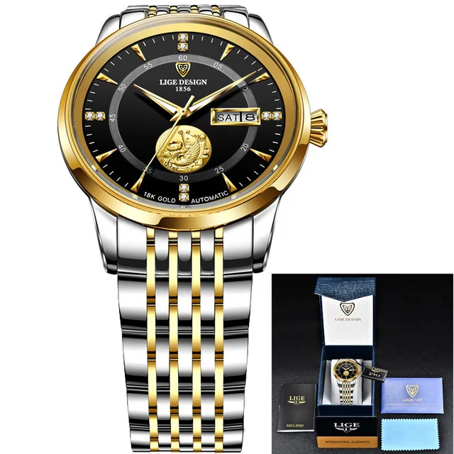 2020New LIGE los Hombres Reloj de la parte Superior de la Marca de Lujo de Oro de Negocio de los Relojes Mecánicos De los Hombres de Acero Inoxidable 100M Impermeable Reloj Automático 5