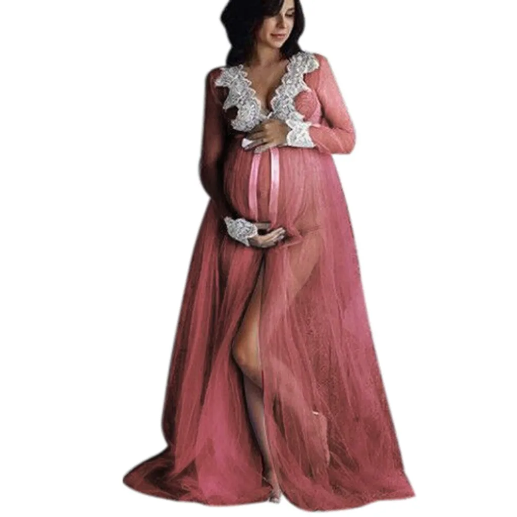 De moda de Malla de Encaje abertura Frontal de la Maternidad Fregar el Largo de la Falda Caliente Sexy de Encaje de Fiesta Vestido de Noche de la Foto-sólo Vestido de 2020#LR2 5