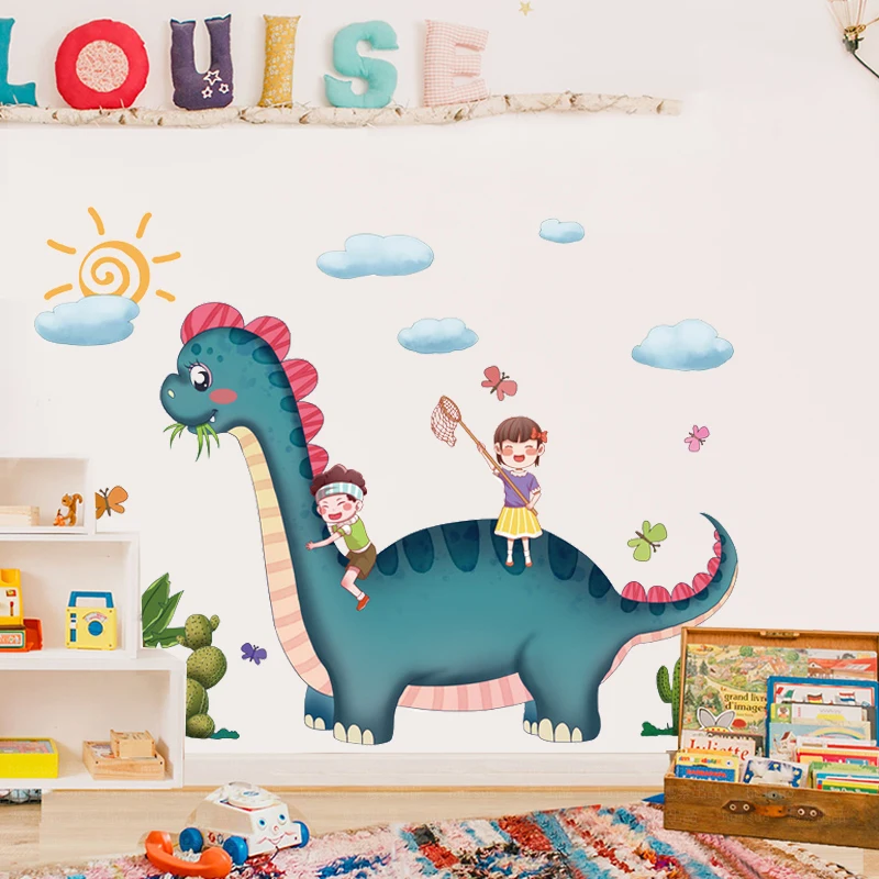 Dibujos animados de dinosaurios niños jugando etiqueta engomada de la pared creativos de los niños decoración de la habitación de dormitorio pegatinas infantiles auto-adhesivo de decoración para el hogar 5