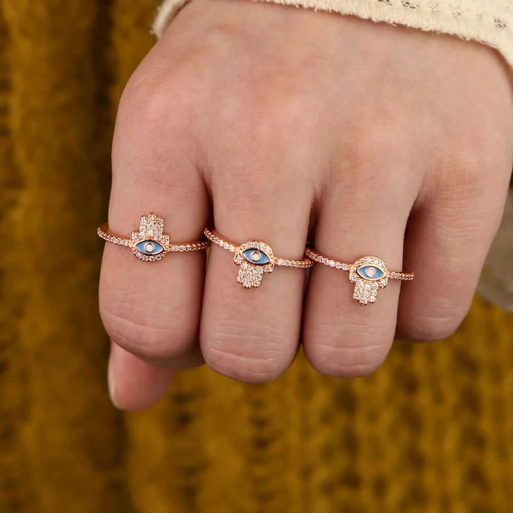 Color rosa de oro pequeño lindo precioso hamsa mano de fátima, de la mano del encanto dulce turco de la joyería anillos anillo de compromiso para las mujeres 5