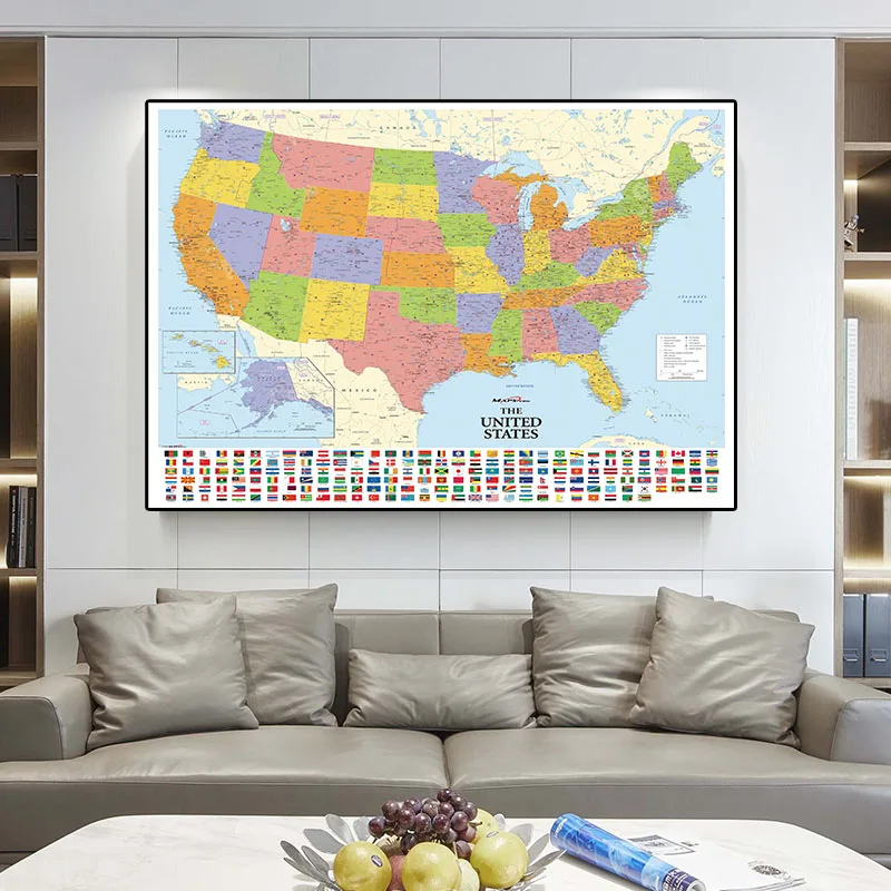 150x100cm No tejida Mapa de Los Estados unidos con Banderas Nacionales Detallado Mapa de América del Vintage de la Imagen de la Cultura de la Educación 5