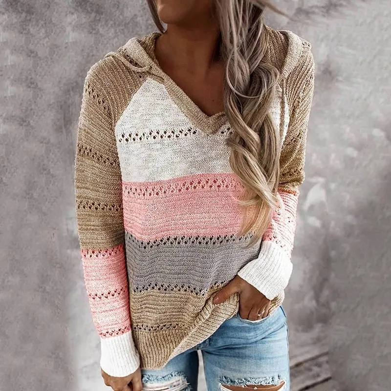 Suéter de las Mujeres de Color Patchwork Suéter Hueco V-cuello Pullovers Señoras para Mujer con Capucha Suéter de punto Sudaderas 5